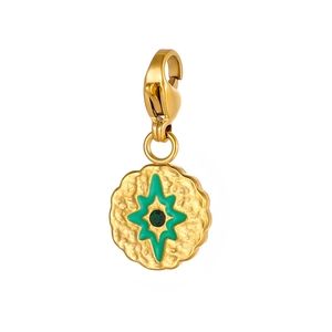 Detailed view of Baroque gold-plated fish pendant with green star and hammered texture