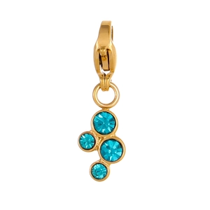 Macro detail of a golden lobster clasp charm with four cyan blue round-cut crystals