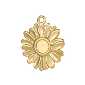 Detailed close-up of a gold sunflower pendant with multi-layered petals and top loop