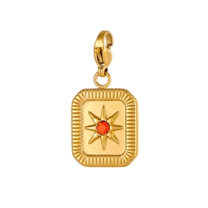 Macro detail of a gold square charm with red gemstone and lobster clasp for DIY jewelry