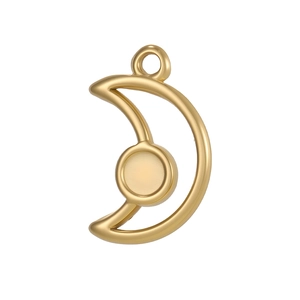 Macro shot of gold crescent moon pendant with round bezel setting and connector ring