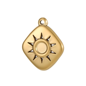 Close-up of golden square pendant featuring an embossed sunburst star and top bail