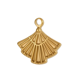 Macro detail of a fan-shaped gold pendant with radiant vertical stripes and a polished finish