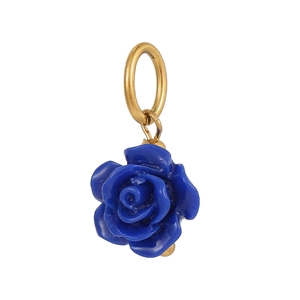 Close-up of a blue rose resin pendant with a golden metal connector loop on white background