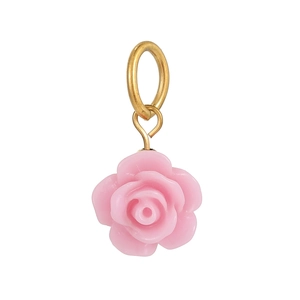 Detailed view of pink resin 3D rose pendant with gold connector on white background