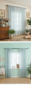 Detailed close-up of light blue sheer curtain with delicate white leaf jacquard pattern
