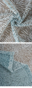 Macro detail of blue and white geometric jacquard sheer curtain fabric on wood surface