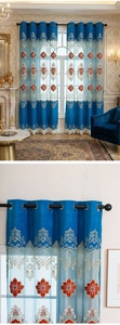 Detail of luxury European blue curtains with intricate gold floral embroidery and tassels