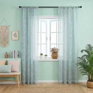Mint green translucent jacquard sheer curtains with white leaf pattern for living room