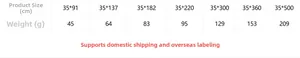 Size chart for rustic crochet table runner showing dimensions and weights per piece
