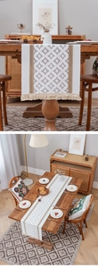 Detail showing Nordic table runner with beige geometric weave and fringe tassels