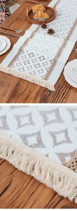 Boho beige lace table runner with hollow diamond patterns and decorative long tassels