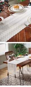 Detailed macro view of ivory crochet lace table runner with hollow geometric patterns and tassels