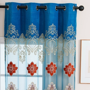 Blue European embroidered grommet curtains with luxury floral patterns for living rooms