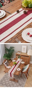 Close-up of red and white striped bohemian knitted table runner with handmade crochet edges