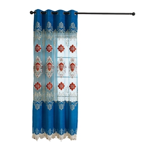 Blue European luxury embroidered curtain with floral pattern and metallic rings