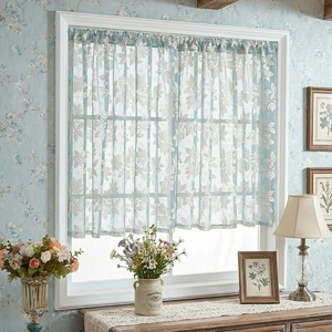 Pastoral Light Blue Lace Sheer Curtain For Living Room Bedroom Floral Print Rod Pocket Cafe Curtain Home Decor Panels