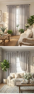 Detail of light gray ruffled curtains with elegant layered textures in a soft French style