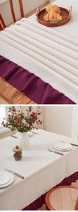 Detail of linen tablecloth with beige texture and purple pleated ruffle trim for home decor