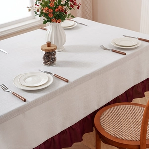 Minimalist linen blend rectangle tablecloth with elegant wine red ruffled edges