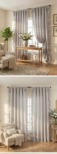 Detail view of thickened ruffled gauze curtains with elegant French wavy edges for bedroom