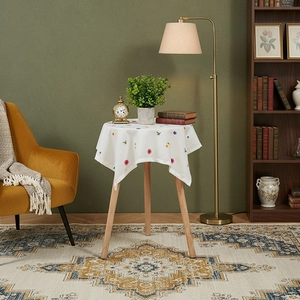 Minimalist white table cover with red floral embroidery for bedside tables and desks
