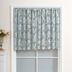Fresh light blue floral lace cafe curtains for windows with semi-sheer rod pocket design