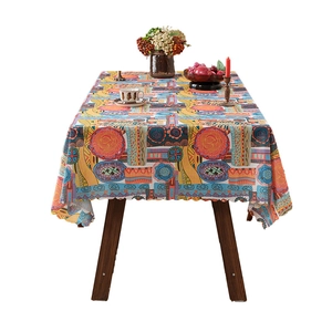 Ethnic bohemian style rectangular tablecloth with geometric patterns and scalloped edges