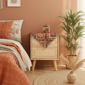 Bohemian style tablecloth with colorful geometric patterns on a wooden bedside table