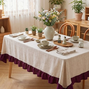 Modern Nordic Linen Texture Polyester Tablecloth With Ruffle Edge Spliced Solid Color Rectangle Dining Table Cover Decor