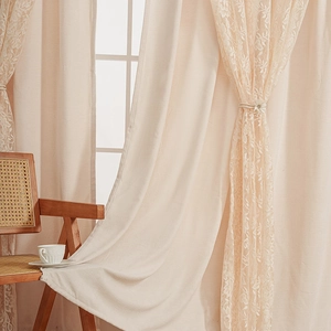 French cream double-layer blackout curtains with lace floral mesh for cozy living room decor