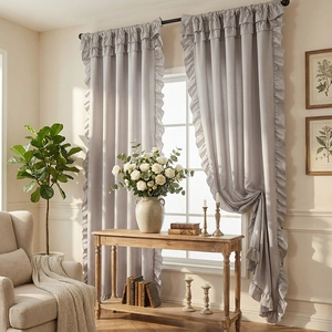 French cream style thick light grey curtains with romantic ruffles for living room