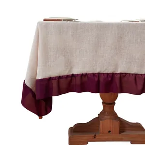 Minimalist linen texture tablecloth with elegant dark purple chiffon ruffled edges for home