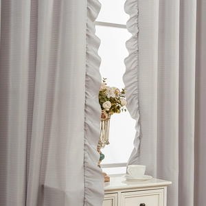 French style light grey thick blackout curtain with elegant ruffled edges for bedroom decor