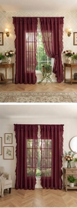 Close-up of burgundy sheer curtains with ruffle edges and elegant translucent fabric