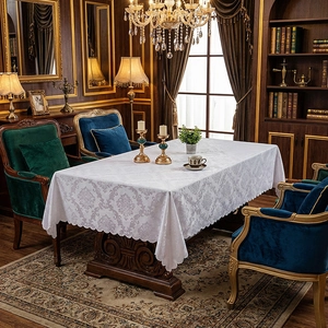 European Luxury Damask Jacquard Tablecloth Scalloped Edges Polyester Dustproof Rectangular Table Cover For Dining Room Home Decor