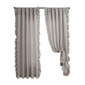 Elegant grey ruffled window curtains with silky fabric for a romantic French style interior