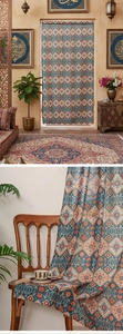 Detail of ethnic geometric floral pattern fabric for door curtain with a vintage exotic style