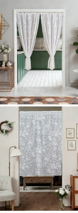 Detailed view of white floral lace door curtain with elegant scalloped edges for home decor