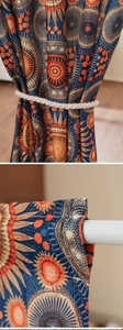 Detail of rod pocket header and neat stitching on boho ethnic pattern door curtain