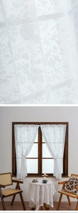 Detail of white lace curtain with floral jacquard pattern and elegant scalloped edges