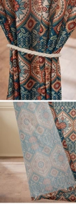 Detail of bohemian geometric curtain fabric texture and white cotton rope tieback