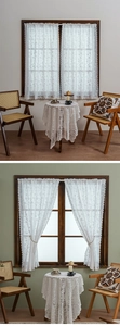 Detail of white floral lace door curtain with scallop edges in a cozy room setting