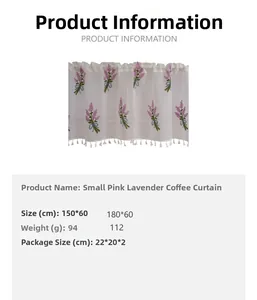 Detail of lace coffee curtain with lavender print and white fringe tassels on white fabric