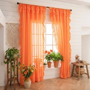 Solid Color Ruffled Sheer Window Curtains French Romantic Voile Drapes With Ruffle Edges For Bedroom Living Room Decor