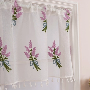 White lace cafe curtain with lavender embroidery and tassel trim for kitchen windows