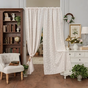 American Pastoral Floral Lace Door Curtain French Cream Style Bedroom Kitchen Partition Decorative Scalloped Edge Curtain