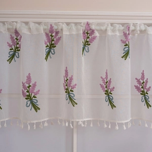 Lace cafe curtain with lavender embroidery and white pom-pom fringe for home decor