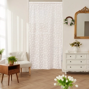 White floral lace door curtain with delicate embroidery for French country style home decor