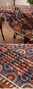 Dettaglio tovaglia boho intrecciata con motivi solari vintage e frange bianche